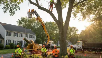 Professional arborists performing safe tree removal with crane and chainsaws at a Saugus MA home
