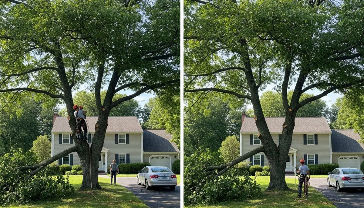 Arborist lifting tree canopy for driveway clearance and tree health in Saugus, MA