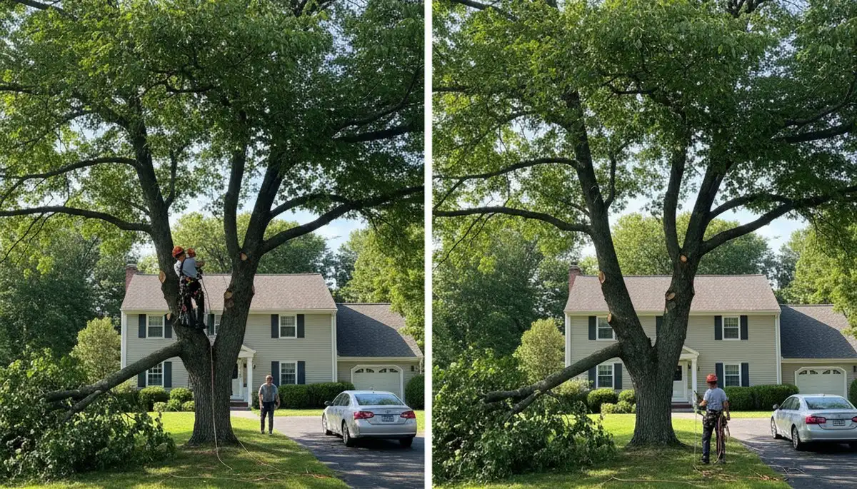 Arborist lifting tree canopy for driveway clearance and tree health in Saugus, MA
