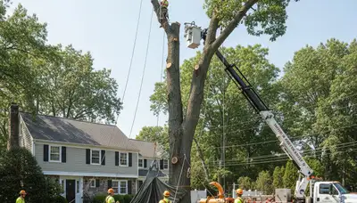 Arborists using bucket truck for large tree removal at residential property in Saugus, MA