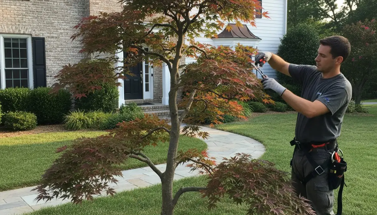 Arborist hand pruning Japanese maple for ornamental tree shaping in Saugus MA residential landscape