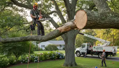 Arborist removing dead branches with pro equipment during tree trimming in Saugus, MA