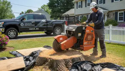 Professional stump grinding equipment for shrub removal in Saugus, MA landscaping projects