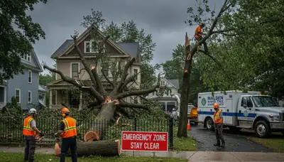 Emergency tree removal crew clearing storm-damaged trees after storm in Saugus, MA