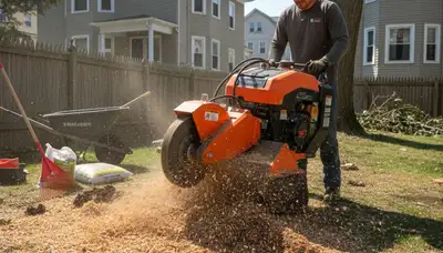 Professional stump grinding service removing tree stumps on residential lawn in Saugus, MA