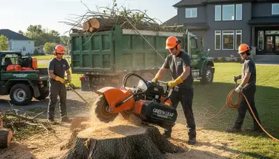 Arborist performing professional stump removal in a residential yard in Saugus, MA