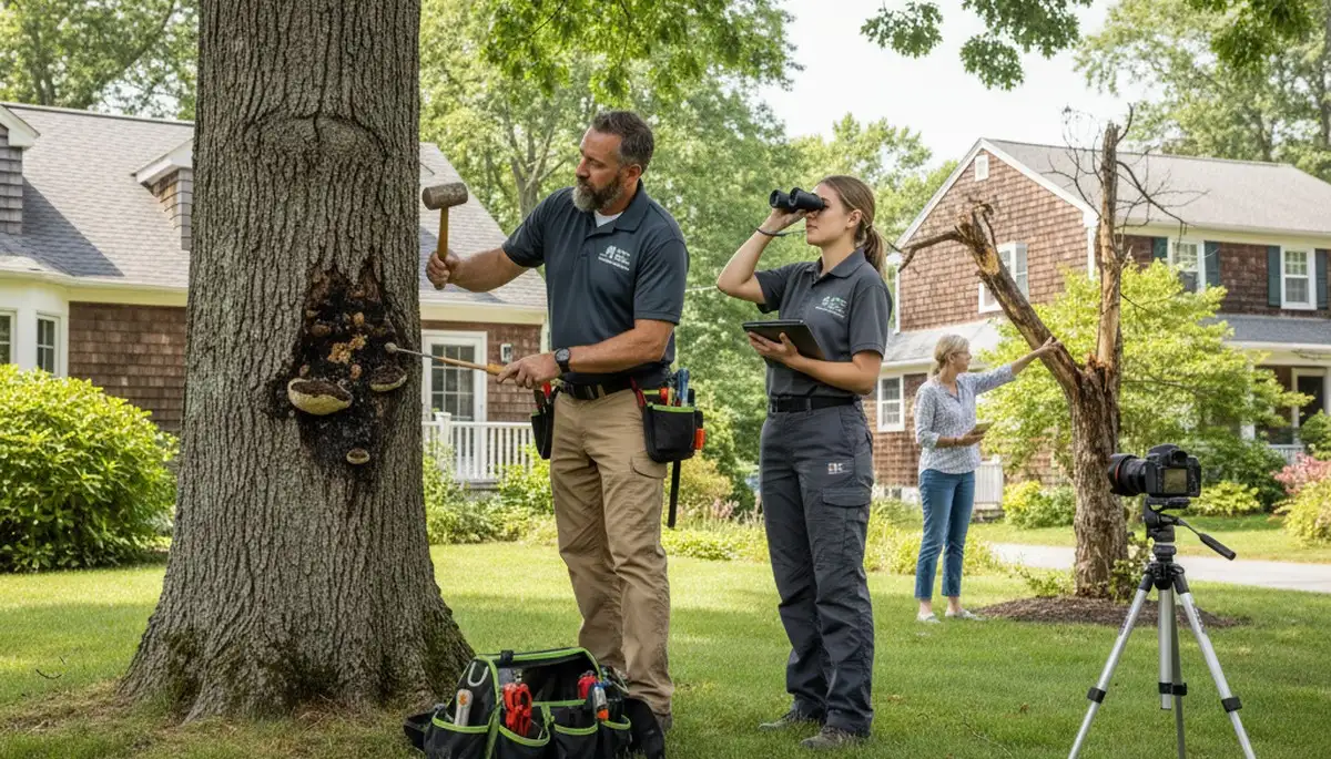 Certified arborist performing tree health assessment for homeowners in Lynn, MA near Saugus tree service area
