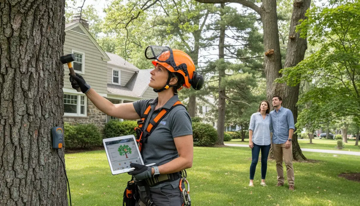 Certified arborist performing tree health assessment for homeowners in Saugus, MA