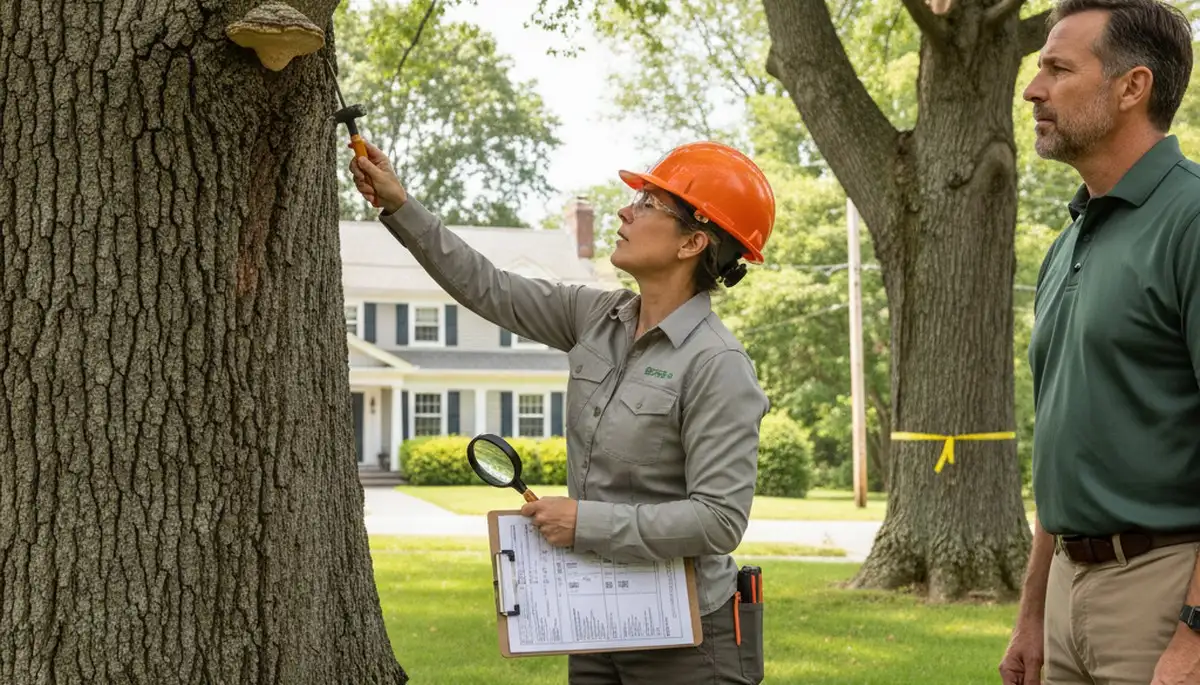 Certified arborist performing tree health assessment for homeowners in Wakefield, MA