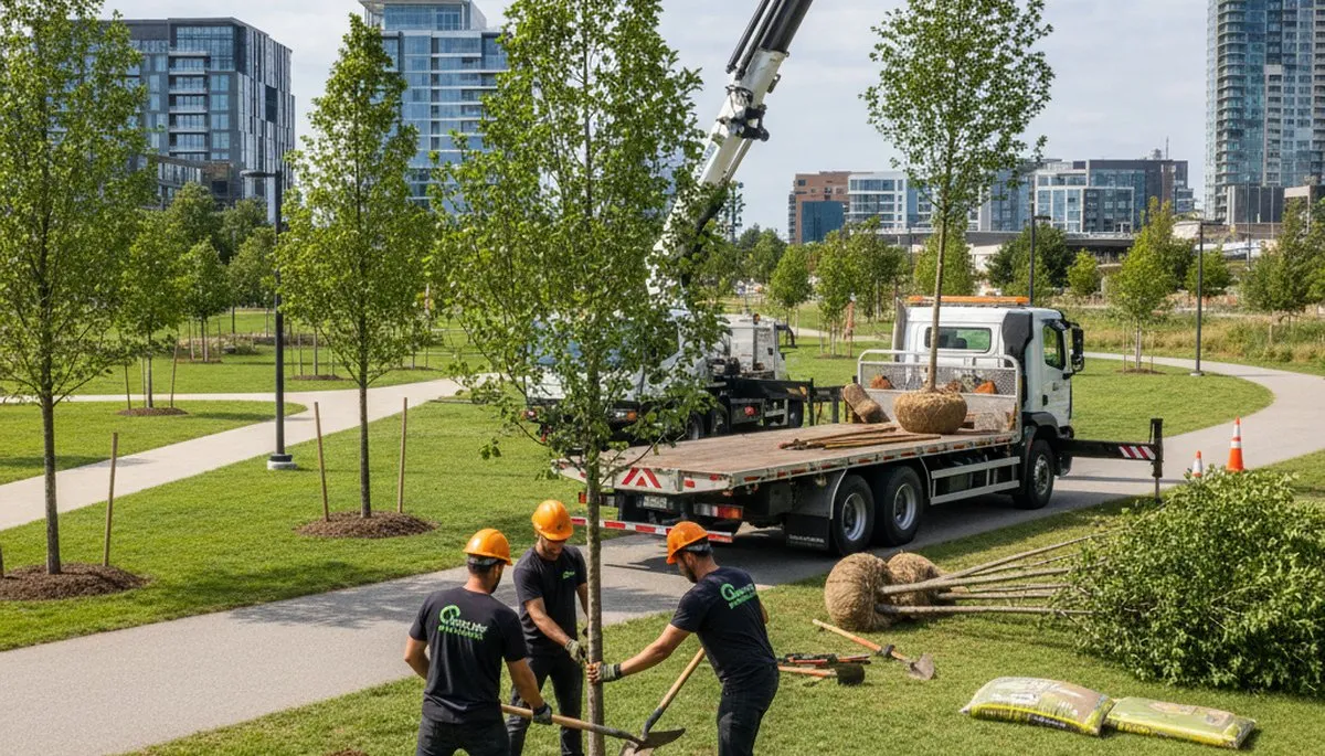 Arborist planting new tree in Saugus MA yard for Chop Chop Tree professional tree planting service