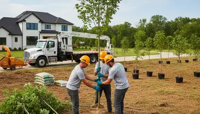 Arborist planting young tree in Saugus MA yard for Chop Chop Tree professional tree service