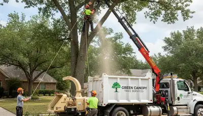 Professional tree removal service crew working in Saugus, MA yard safely cutting large oak tree