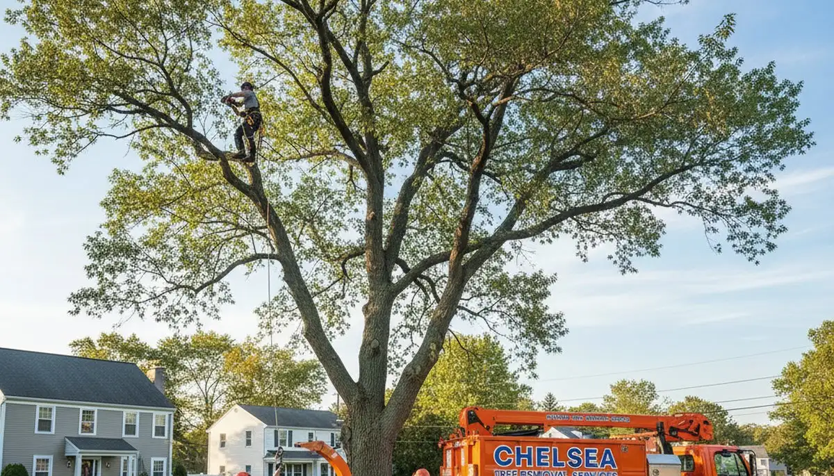 Professional tree removal service in Saugus MA clearing large oak tree safely