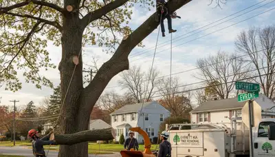 Professional tree removal service in Saugus MA safely cutting and clearing large oak tree