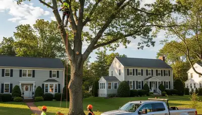 Professional tree removal service in Saugus MA safely cutting and clearing large oak tree