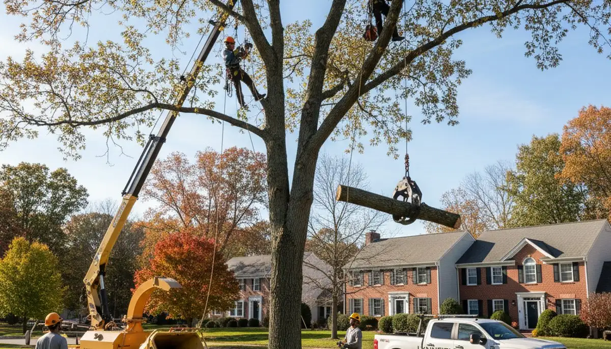 Professional tree removal service in Saugus MA safely cutting and clearing large backyard trees