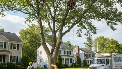 Professional tree removal service in Saugus MA clearing large oak near residential property