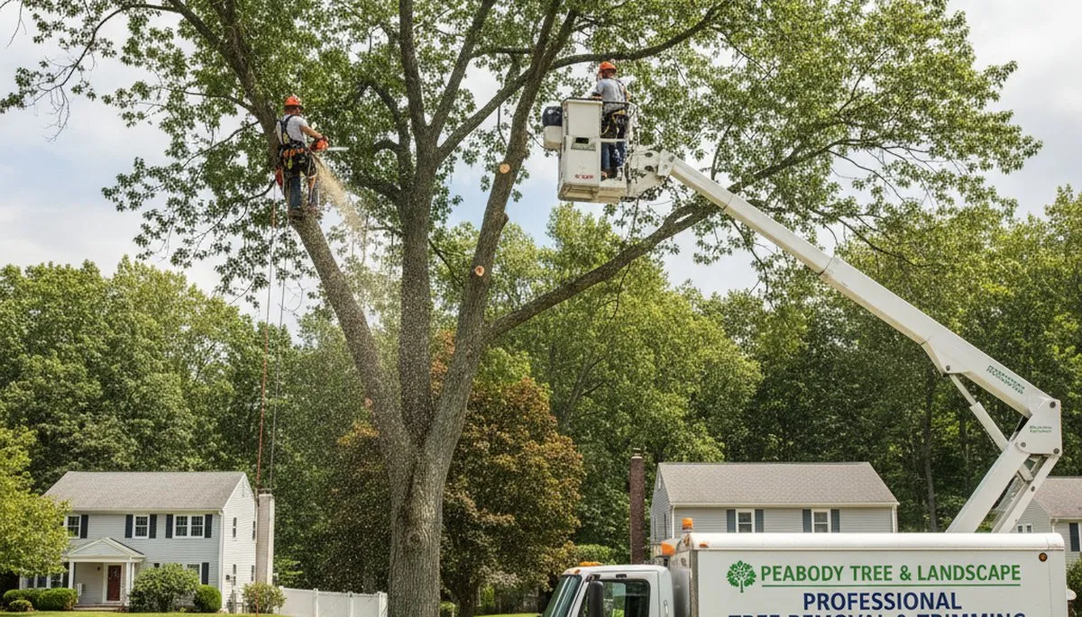 Professional tree removal service in Saugus MA safely cutting and clearing large residential trees