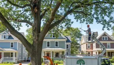 Professional tree removal service in Saugus MA safely cutting down large oak tree