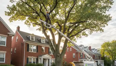 Professional tree removal service specialists working in residential yard in Saugus, MA
