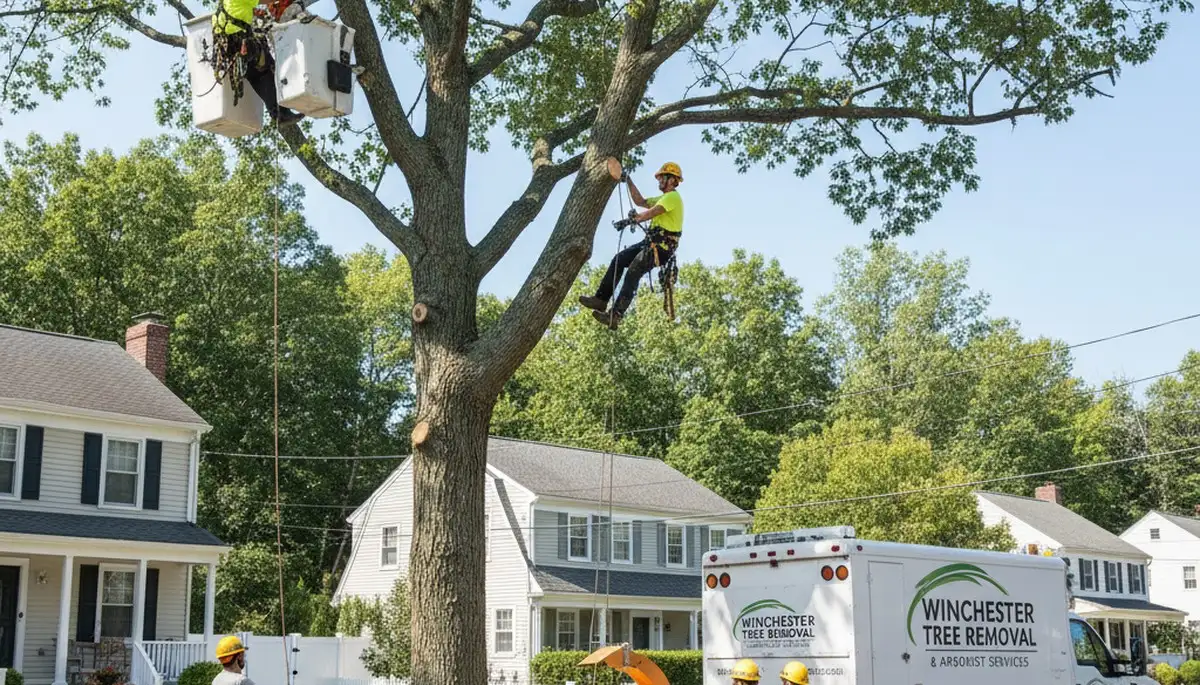 Professional tree removal service in Saugus MA safely cutting large oak tree near residential property