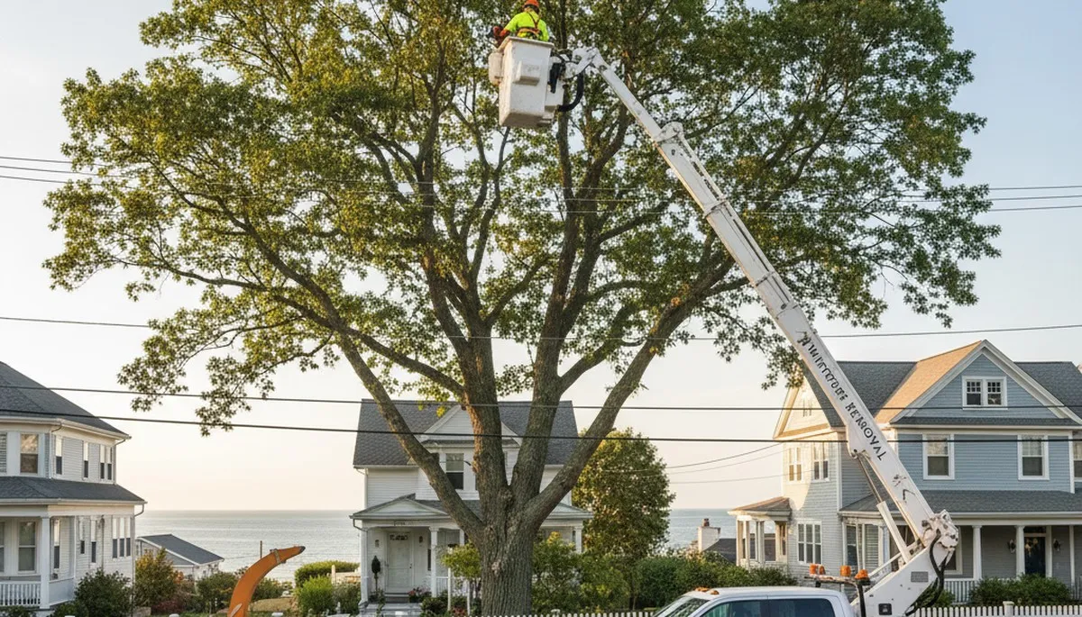 Professional tree removal service in Saugus MA safely cutting large oak near residential property