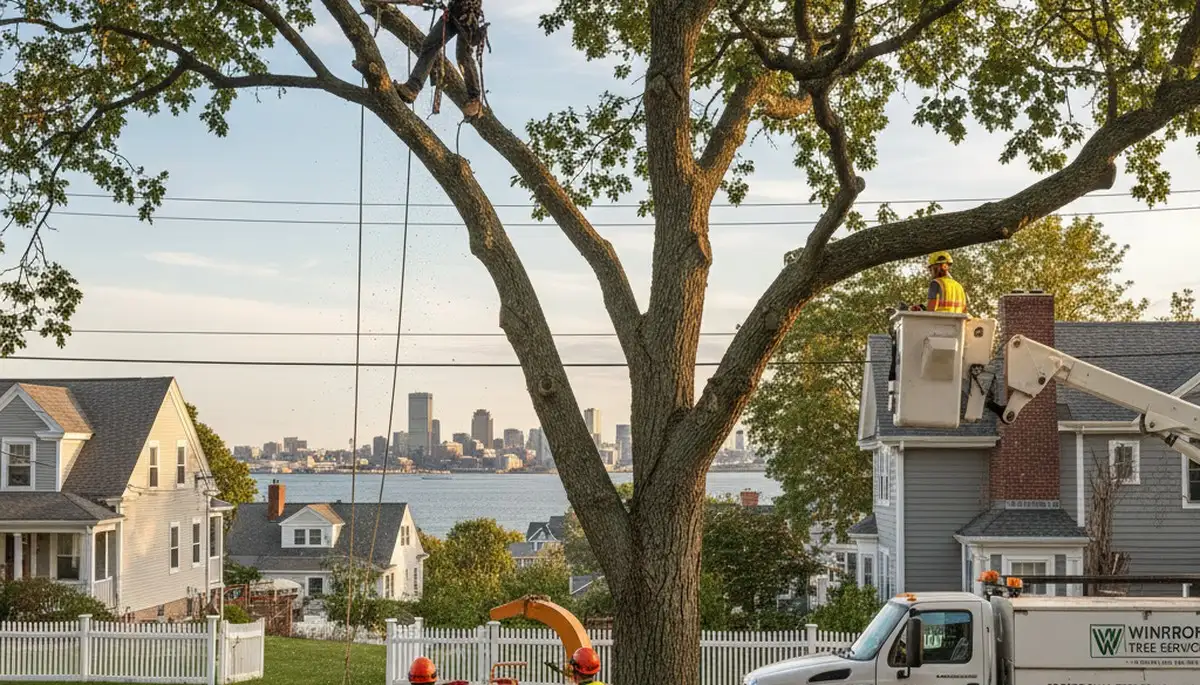 Professional tree removal service in Saugus MA safely cutting and clearing large oak tree
